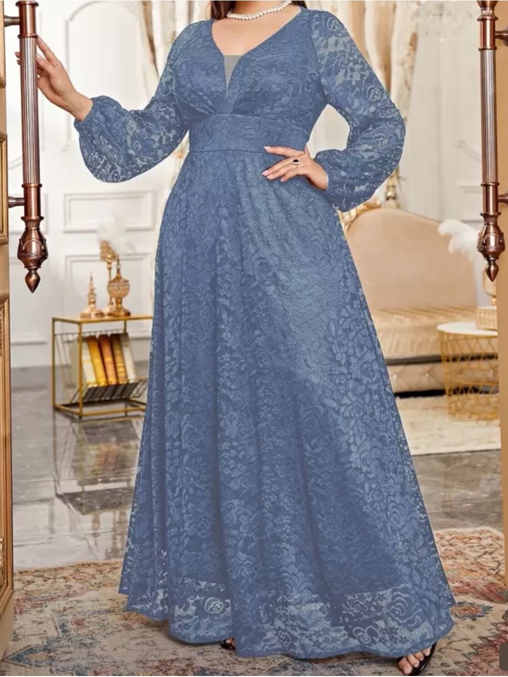 Elegant Blue Lace Long Sleeve A-Line Dress
